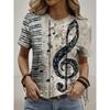 T-shirt Casual da Donna a Maniche Corte con Girocollo e Stampa di Tasti di Pianoforte e Note Retro