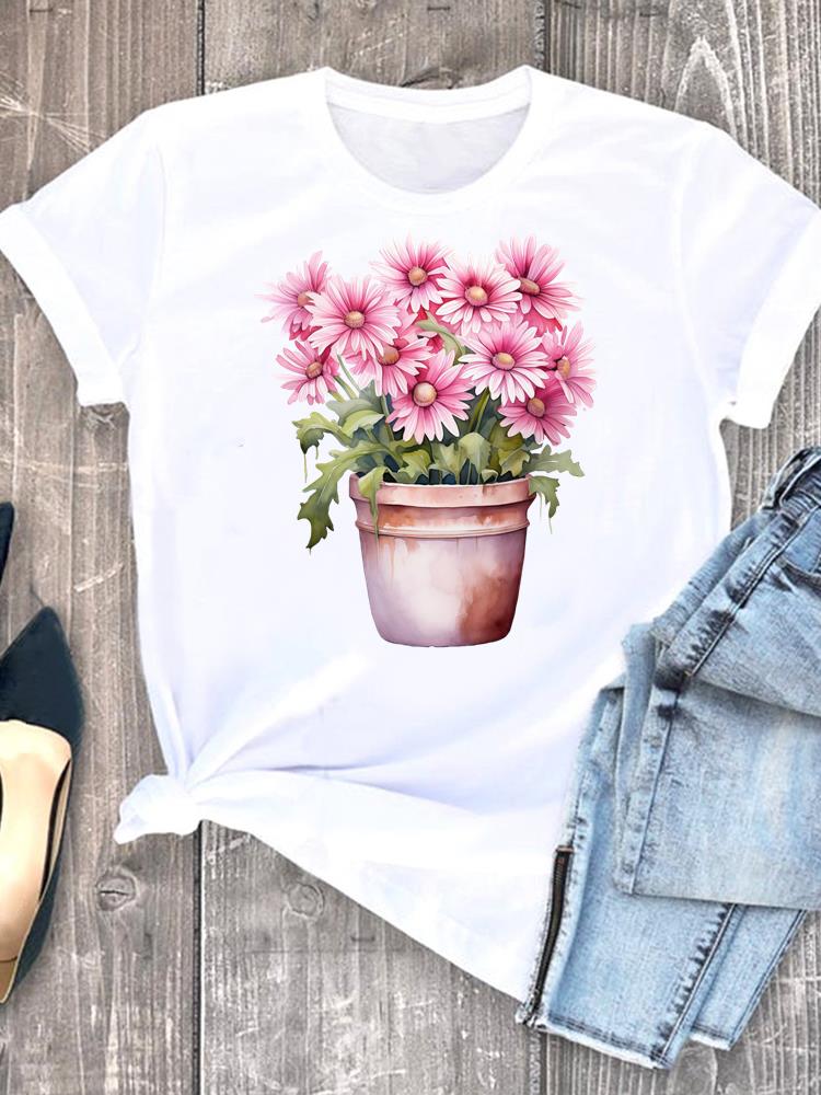 

(Asian Size) flower sweet 90s Short Sleeve T-shirts Lady Female Top Printed Fashion Clothing Women Graphic Casual T Shirt Tee S