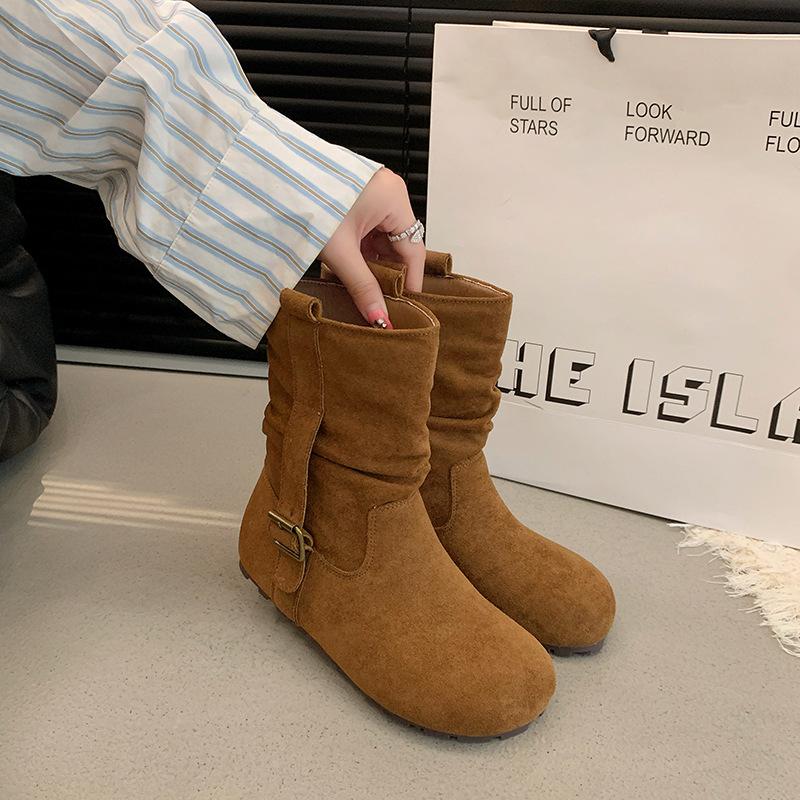 Retro design round head sleeve thin short boots women's autumn new niche versatile flat-bottomed fashion boots