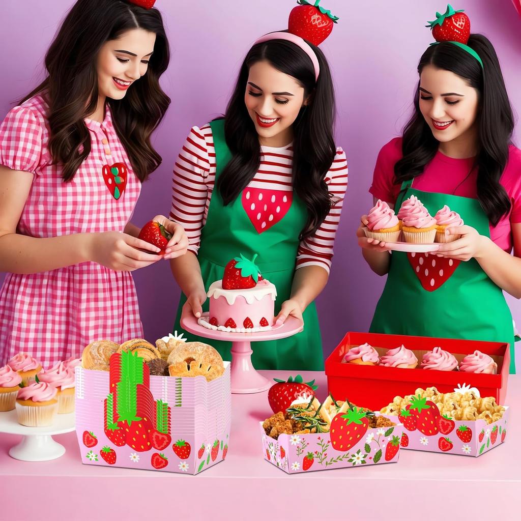 24Pcs Strawberry Paper Food Trays Cute Strawberry Snack Bowl Disposable Berry Dessert Boats for Strawberry Birthday Party Decoration Supplies