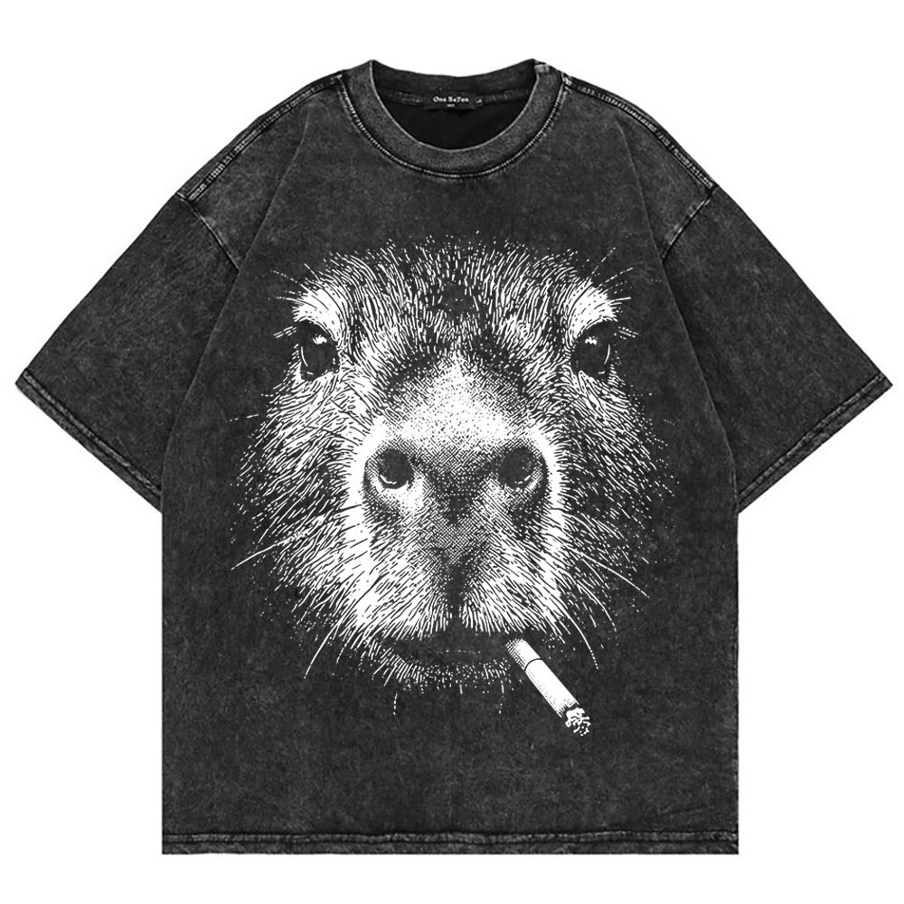 Cotton Vintage Washed YK Funny Smoking Capybara T Shirt Fashion Men Retro Cool Meme Oversize Loose Acid Wash Tees Shirts