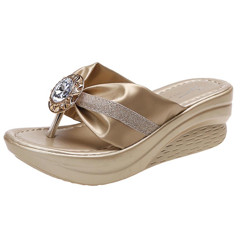 Lucyever Fashion Gold Wedges Slippers for Women 2024 Sequins Rhinestone Clip Toe Sandals Woman Summer Platform Slides Shoes