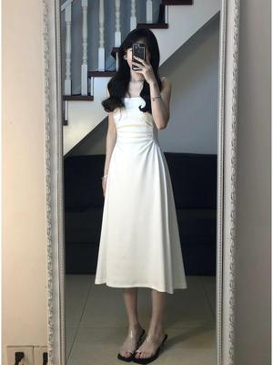 Women's Summer Minimalist French White Strappy Dress - Slimming Waist, Square Neck, A-line Skirt