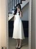 Women's Summer Minimalist French White Strappy Dress - Slimming Waist, Square Neck, A-line Skirt
