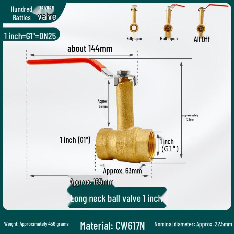 All-Copper High-Stem Straight-Through Ball Valve, 1 Inch, Double Internal Thread, 50 High Neck, Thickened Copper, Dn25.