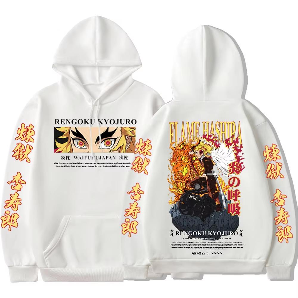 Harajuku Anime Demon Slayer Rengoku Kyoujurou Graphic Printed Hooded Men Women Hoodies Casual Loose Streetwear Sweatshirt