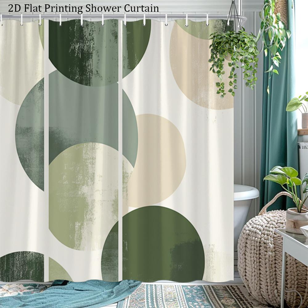 

Modern Geometric Shower Curtain Abstract Green And Beige Circles Print Polyester Bath Curtain With 12 Hooks For Boho Decor W60H190(CM)-1 Pcs