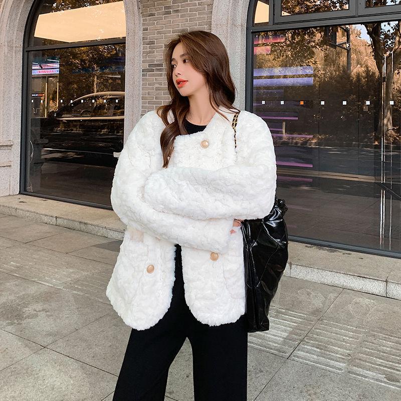 Lamb Wool Imitation Leather Coat Women's Winter New Thickened White Plush Top Cotton Jacket Round Neck