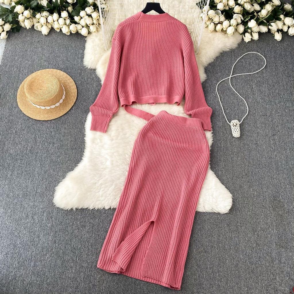 French Light Luxury Lazy High-end Knitted Fashion Suit Women's Autumn and Winter Loose Long-sleeved Top + High Waist Skirt