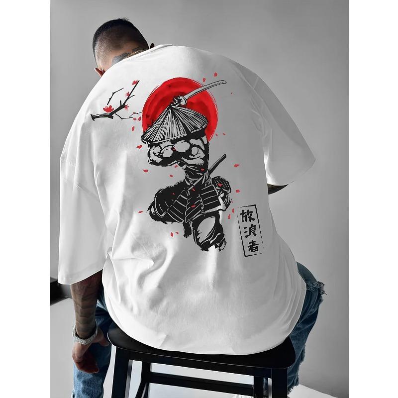 Men's Japanese Samurai & Cherry Blossom Print Short Sleeve T-Shirt - Breathable,Loose Fit Casual Round Neck Tee for Summer Outdoor Wear,Streetwear