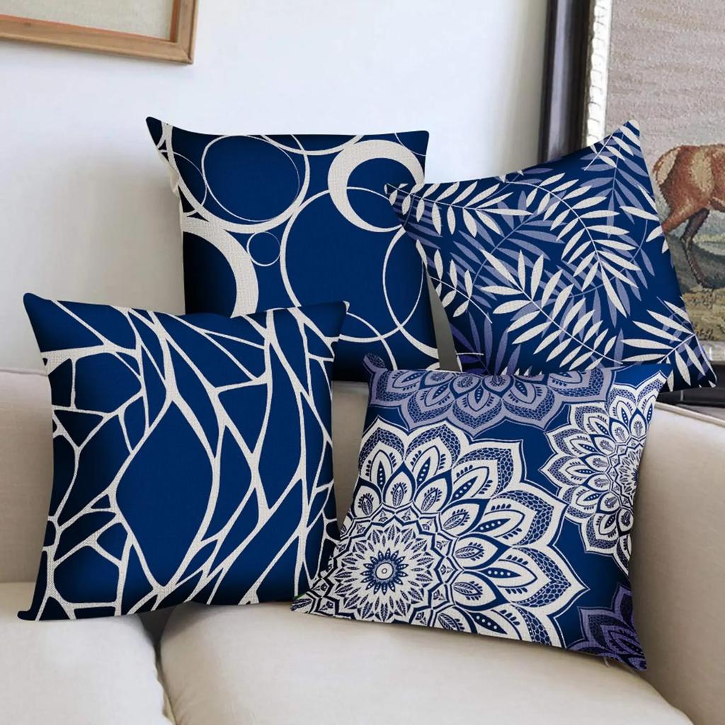 Blue Geometric & Floral Pattern throw pillow cover with short plush print for living room sofa decoration cushion cover