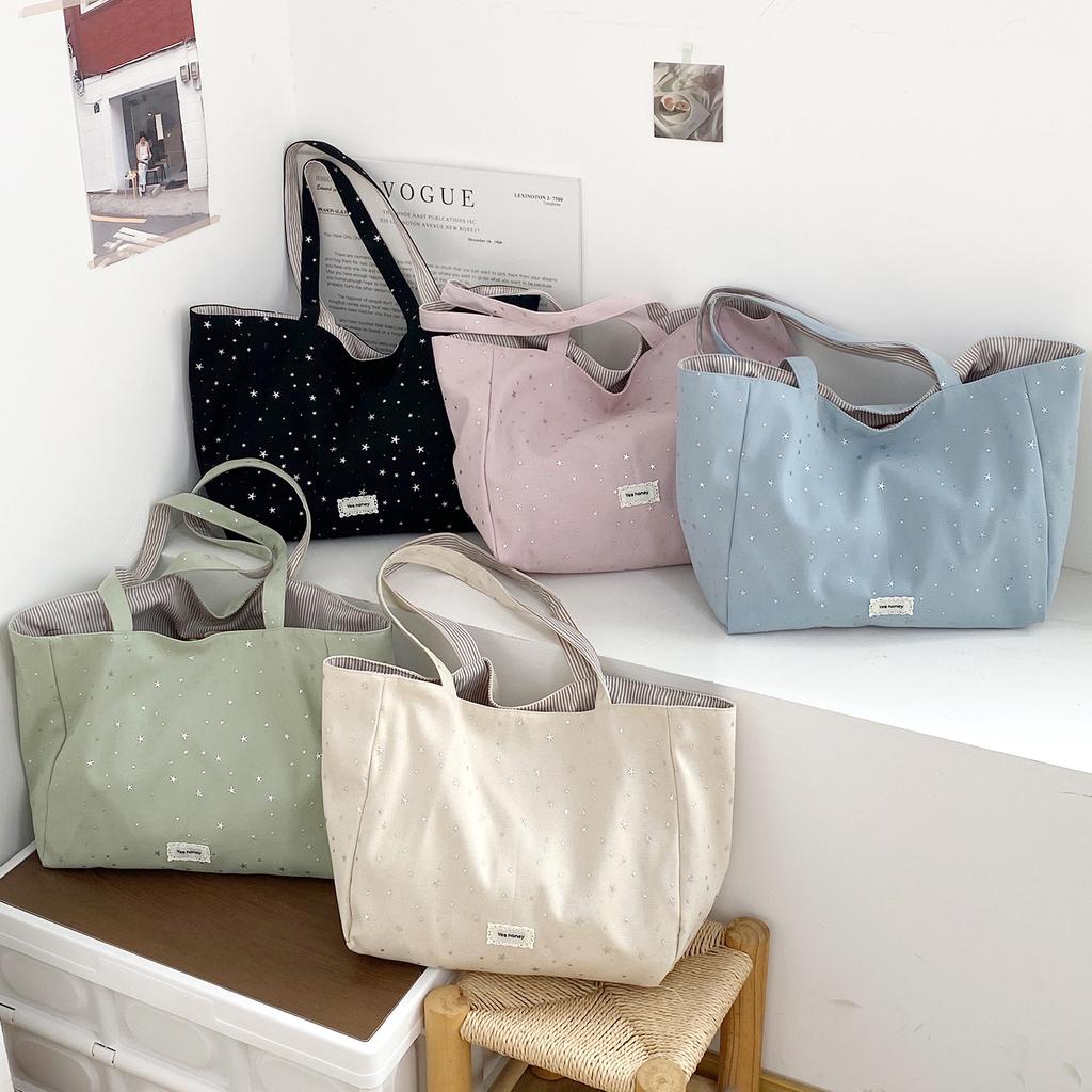 Cute Star Print Double Sided Tote Bag Large Capacity Casual Shoulder Handbag for Women KTB
