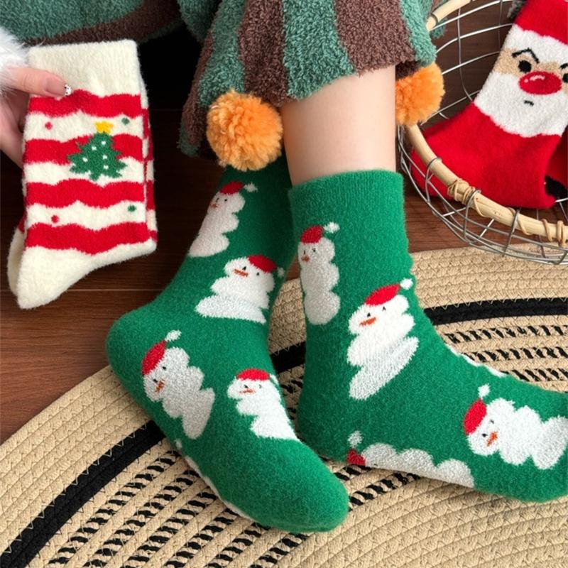 Coral Fleece Floor Crew Socks Christmas Pattern Winter Thermal Warm Fuzzy for Women Men Winter Indoor Slipper Hosiery