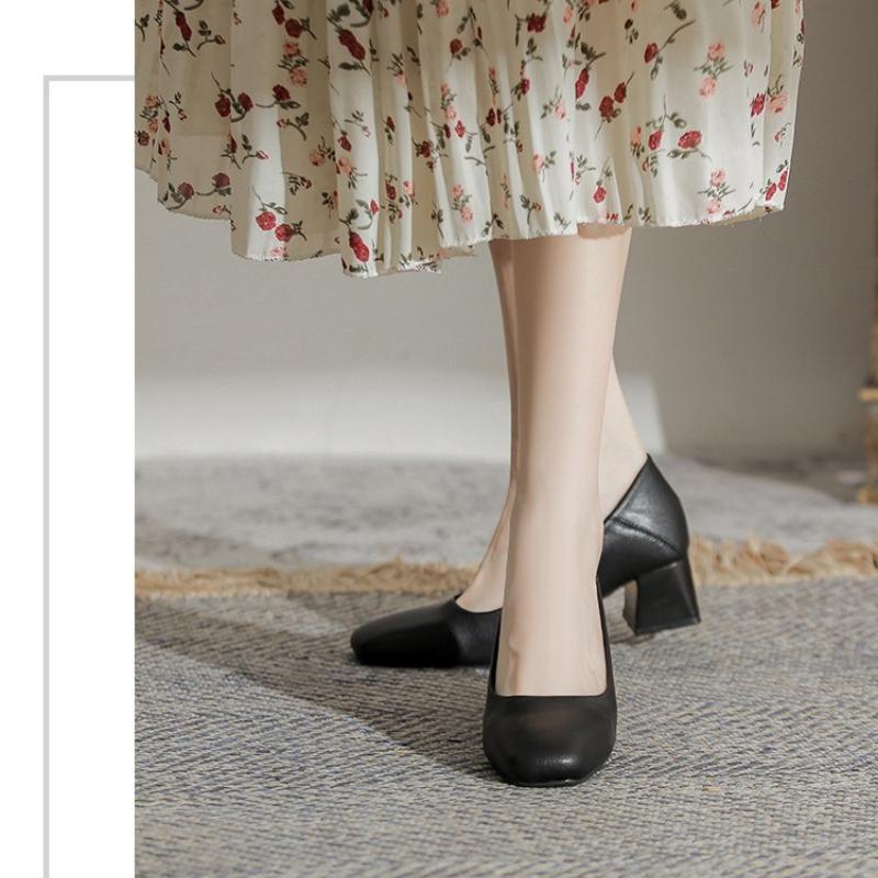 Women's Genuine Leather French-style Flats, Low-cut, Square-toe, Chunky Heel, Black, Versatile Work Shoes/commuter Shoes