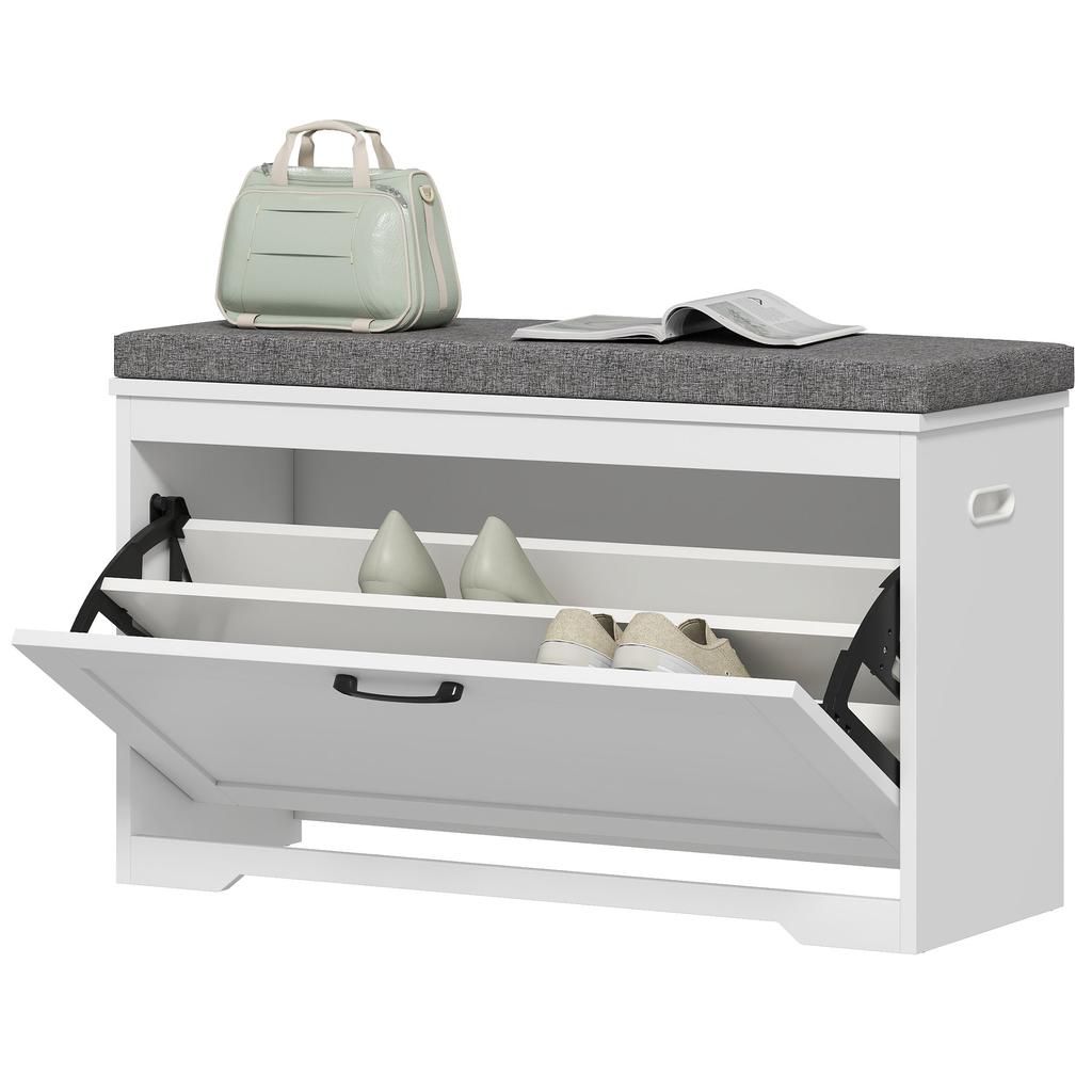 Panca moderna per scarpe con seduta imbottita e ripiano regolabile per 8 paia di scarpe per ingresso 80x30x50 cm Bianco