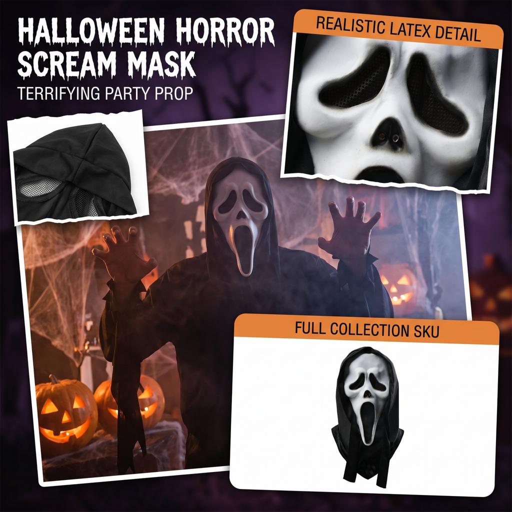 Latex Full Head Mask Scary Scream Ghost Face Costume Prop for Halloween Party Cosplay Role Play