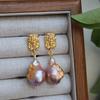 Design New French Retro Medieval Natural Strong Light Purple Baroque Freshwater Pearl Earrings Gold Foil Earrings