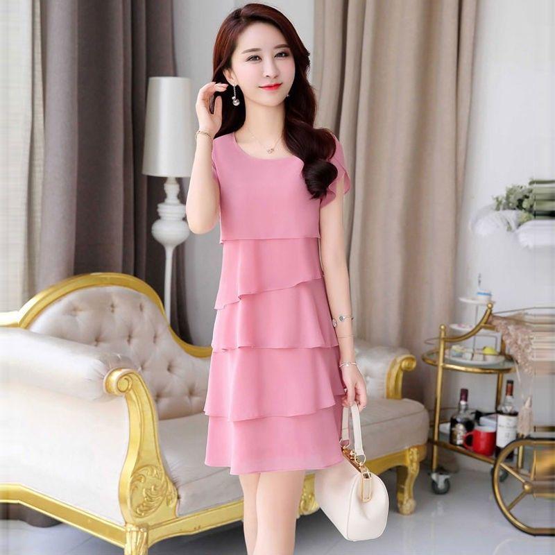 Rochie midi din șifon de damă, culoare uni, cu gât rotund, cu mâneci scurte, cu mai multe camere, rochii pentru tort