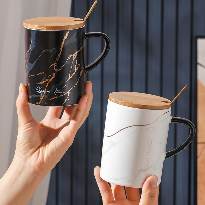 Nordic Ceramic Cup with Lid Spoon Marble Textured Large Capacity Mug Creative Personality Ins Office Water Cup