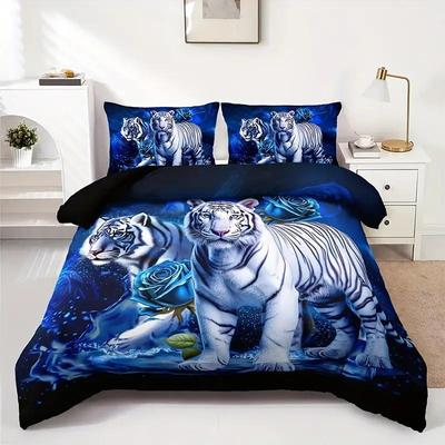 Blue Rose White Tiger High Definition Printed Duvet Set Three-piece Set Soft and Comfortable Bedding