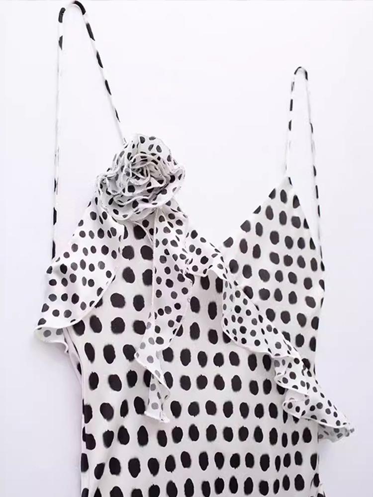 Dot Printed Sling Long Dress Women V-neck Sleeveless Backless 3D Flower Female Summer Party Holiday Lady Robe