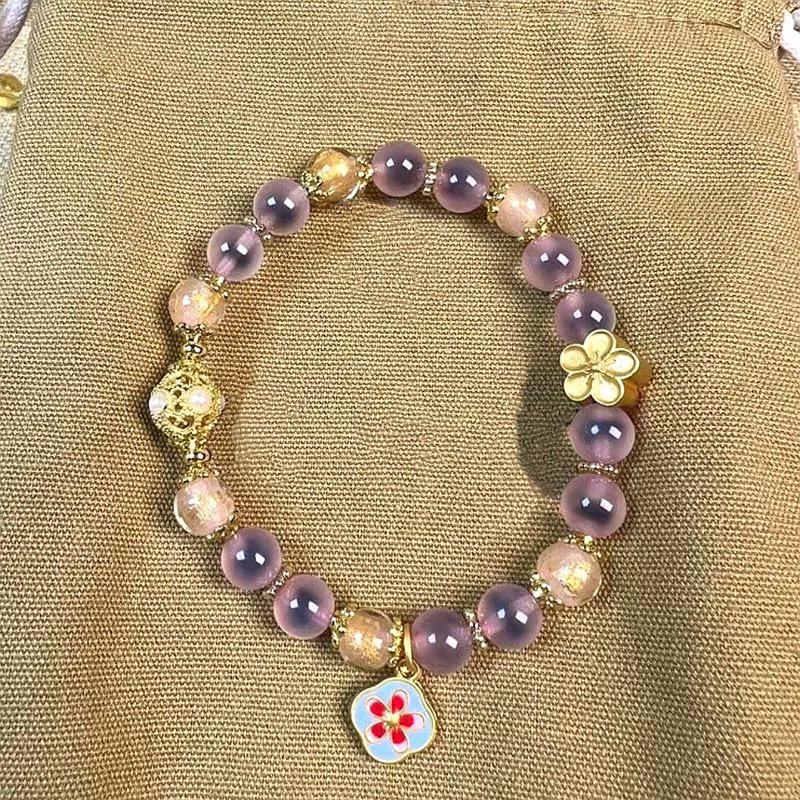 Pink Sugar Heart Agate Fortune Bracelet with Gold Foil Multi-Treasure Beads