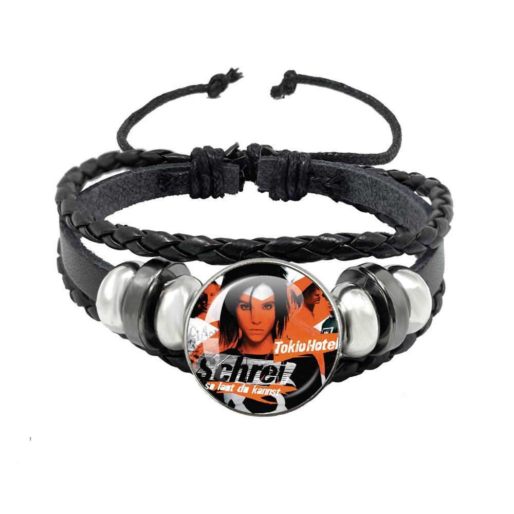 

Popular Retro Rock Band Black Rope Button Glass Cabochon Leather Bracelet Jewelry Fans 1