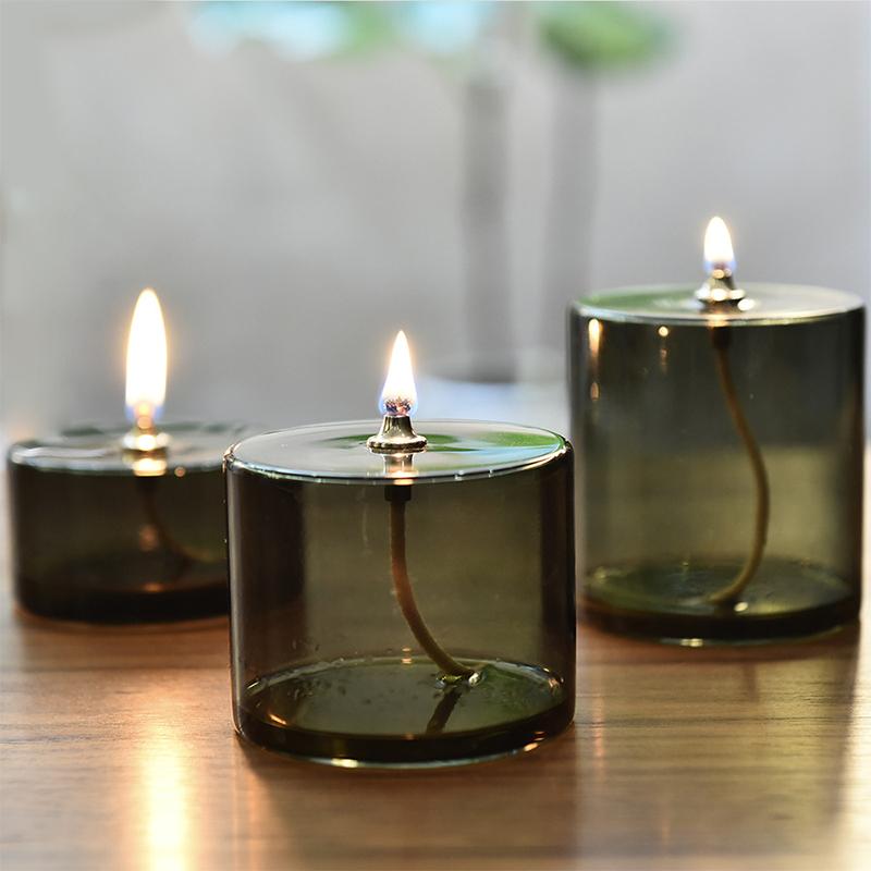 1PC Table Candle Rustic Oil Lamp with Wick Home Decoration Grey Green Cylindrical Transparent Glass Candlestick Christmas Dinner