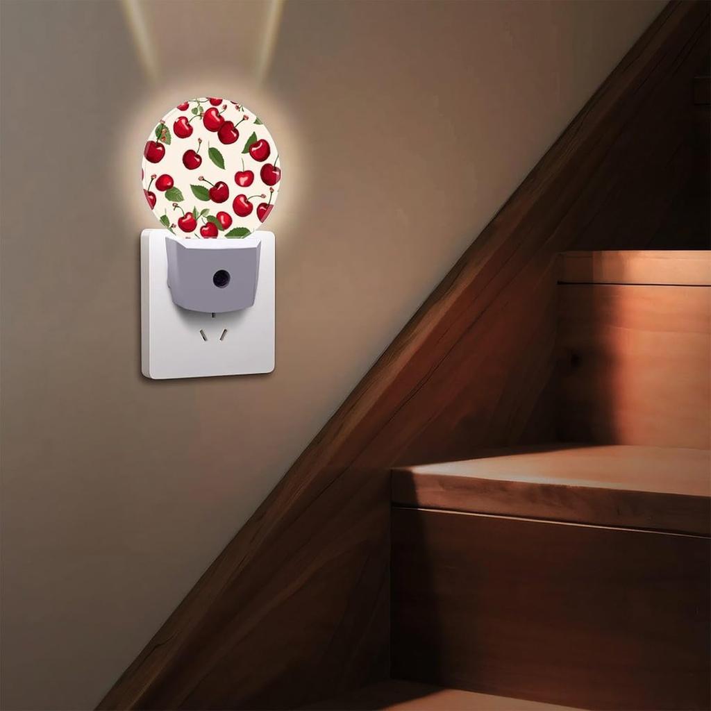 Red Cherry Pattern Night Light Plug-in Wall NightLights with Dusk to Dawn Sensor, LED Auto-On/Off Nightlight for Bedroom, Bathroom, Hallway,