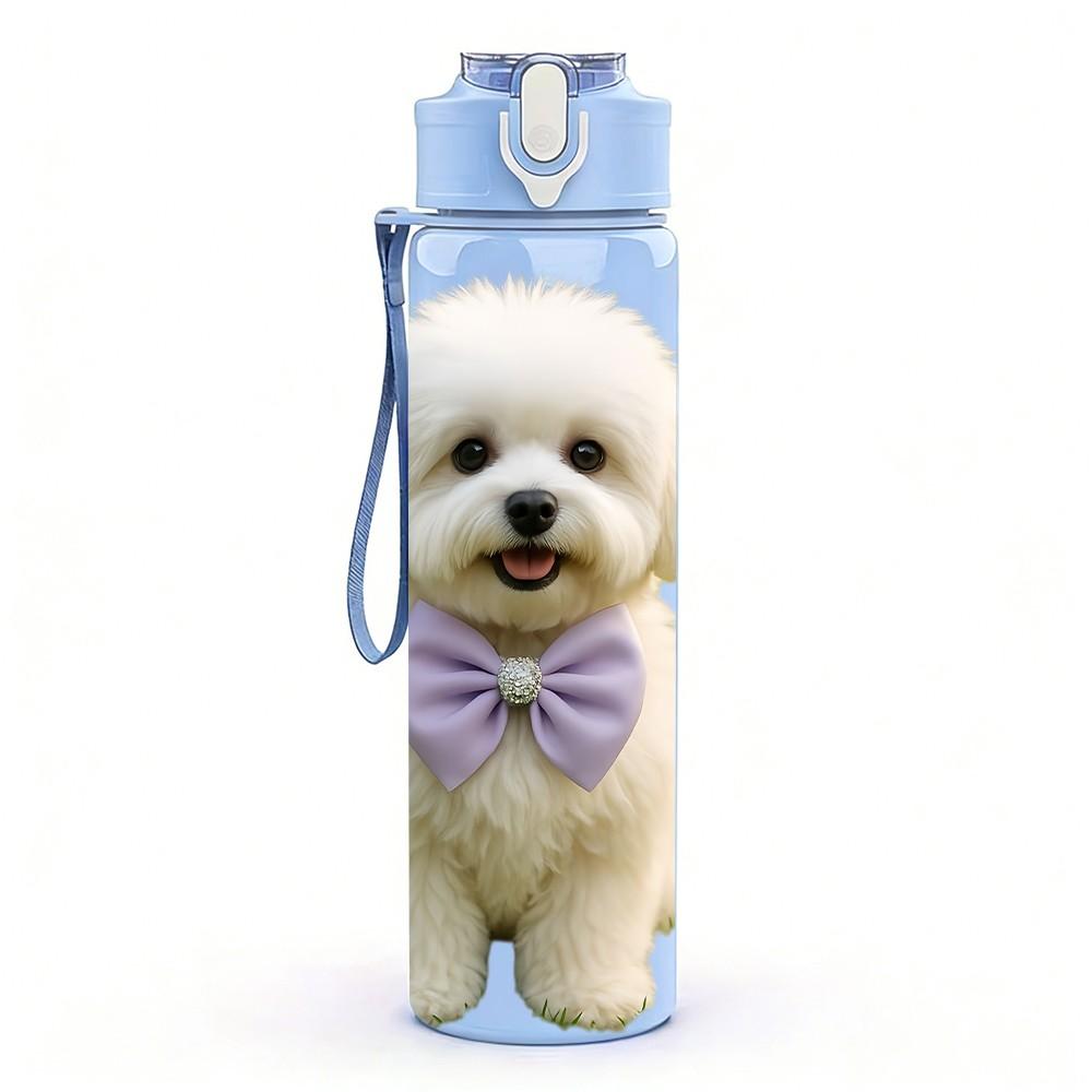 1PC White Poodle Puppy Print 750ml Color Plastic Sports Water Bottle Leakproof Flip Straw Lid Suitable for Sports Office Home Use
