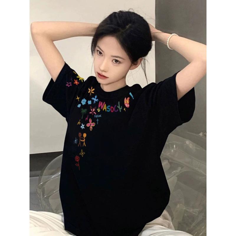 Women's Round Neck Short Sleeve Cotton T-Shirt Loose Fit Floral Print Casual Summer Top