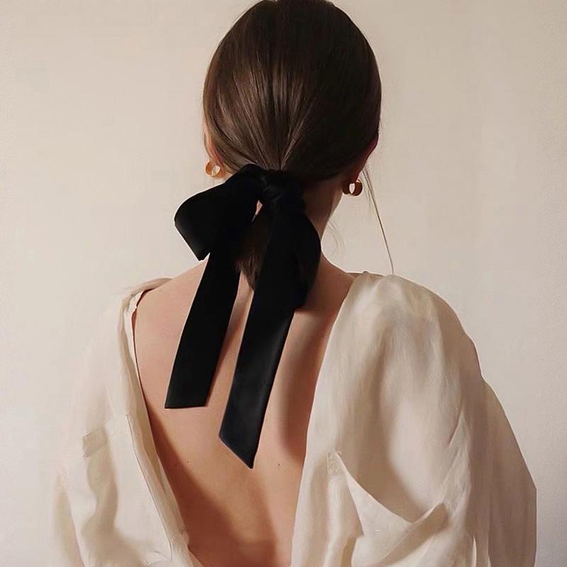 Mode Vintage Schwarze Samt Schleife Haarband Scrunchie für Damen Mädchen Langes Elastisches Haargummi Kopfschmuck Weibliches Haarzubehör