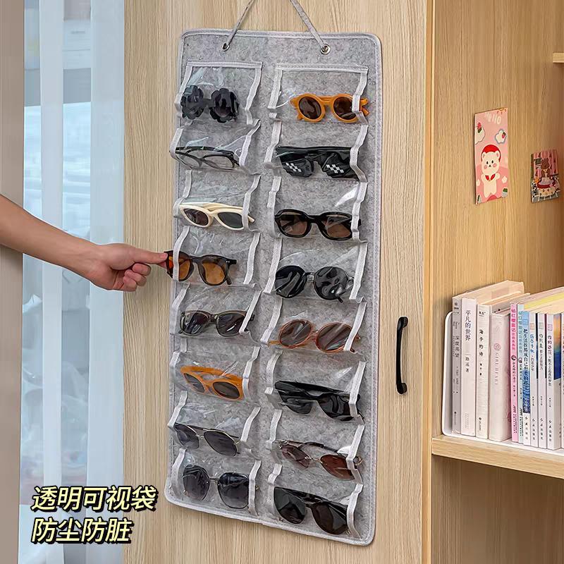 16-Compartment Felt Eyewear Stand, Suitable for Sunglasses, Display Rack, Hanging Pouch, Wall-Mounted Storage Pocket Organizer