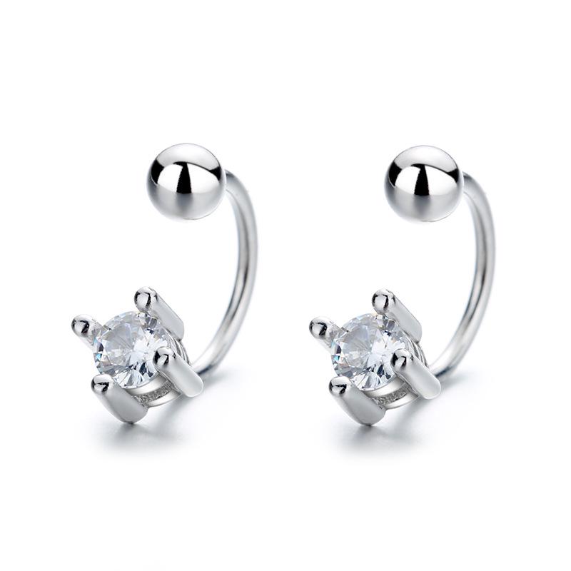 S925 Sterling Silver Zircon Screw-Back Stud Earrings - Simple C-Shaped Design for Cartilage and Round Face Slimming