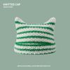 Unisex Cat Ear Stripe Knit Hat Japanese Style Winter Warm Couple Beanie Minimalist Cold Weather Outdoor Fashion Warm Cap