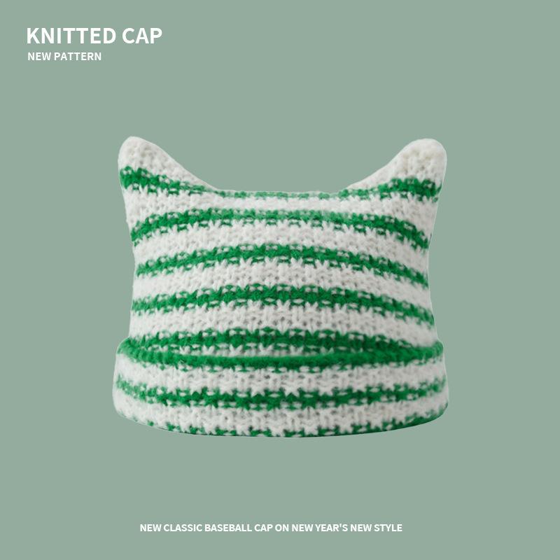 Unisex Cat Ear Stripe Knit Hat Japanese Style Winter Warm Couple Beanie Minimalist Cold Weather Outdoor Fashion Warm Cap