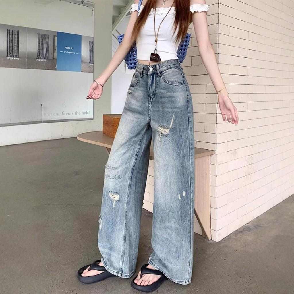 Designový smysl Roztrhané díry Velké velikosti Džíny Dámské Kalhoty se širokými nohavicemi Vysoký pas Volné Skinny Vlečné Rovné Kalhoty Džíny pro ženy Dlouhé Džínové Kalhoty