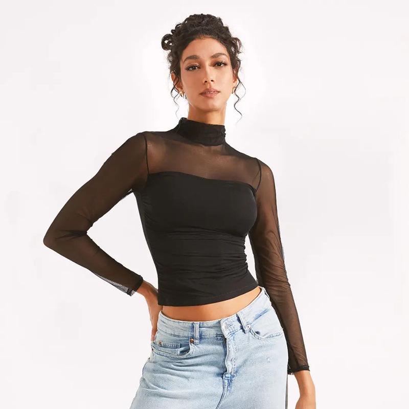 Women's Fashion Casual Spring Fall Solid Color Print Long Sleeve Half Turtleneck Blouses & Shirts