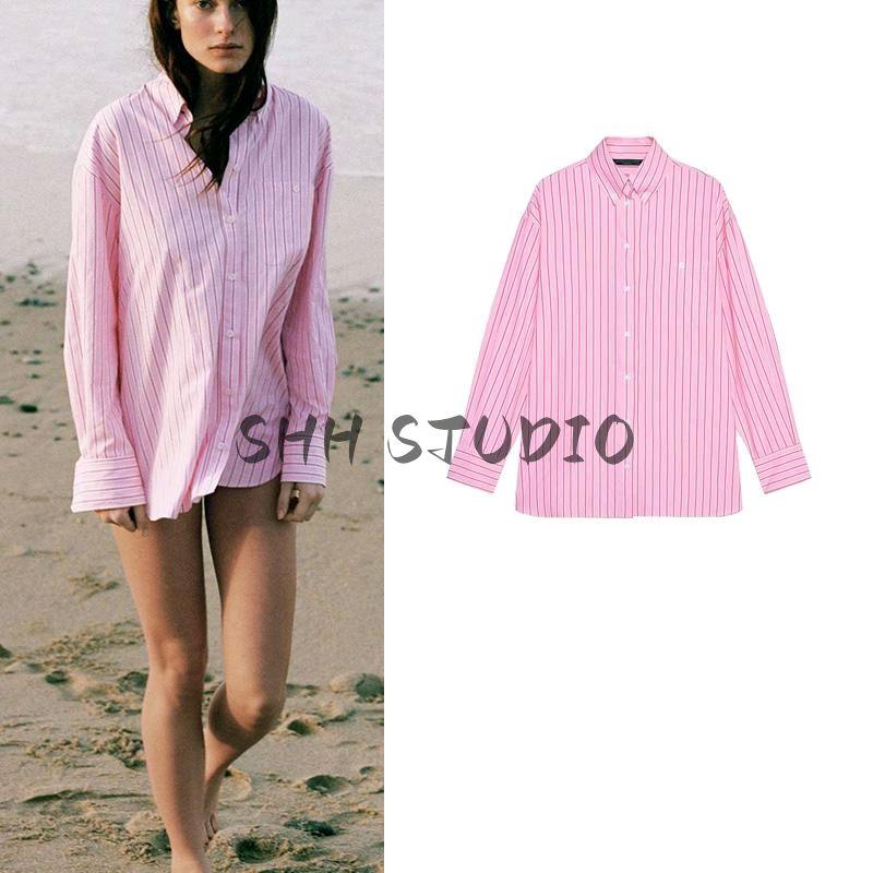 Spring New Women's Clothing Commute Leisure Easiest for Match Loose Comfortable Lapel Long Sleeves Stripes Shirt 2492161