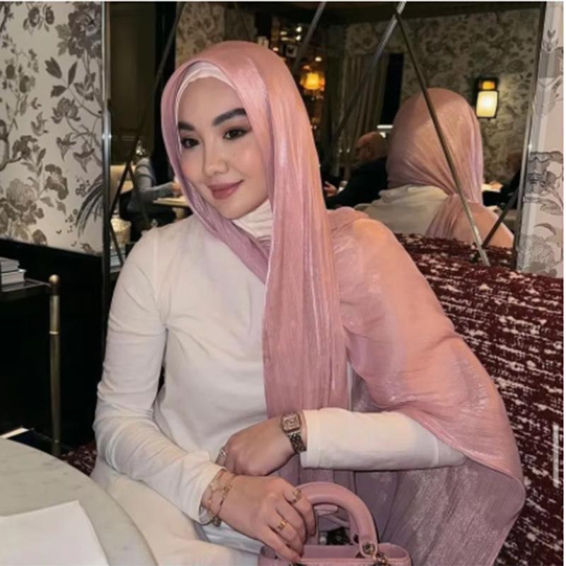 Hot Plain Shimmer Hijab Silk Wrinkle Scarf Muslim Woman Hijab Shawls Islam Woman Long Wraps Femme Headband Pure Turban