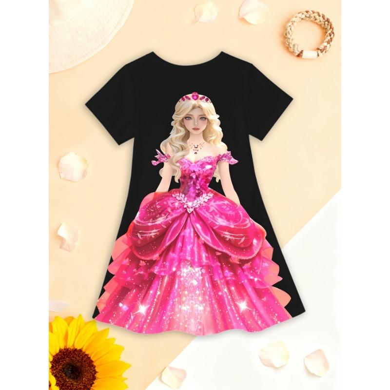 Adorable 3D Butterfly Print Dress for Girls with Vibrant Color Gradients, Glitter Accents, Short Sleeves,
