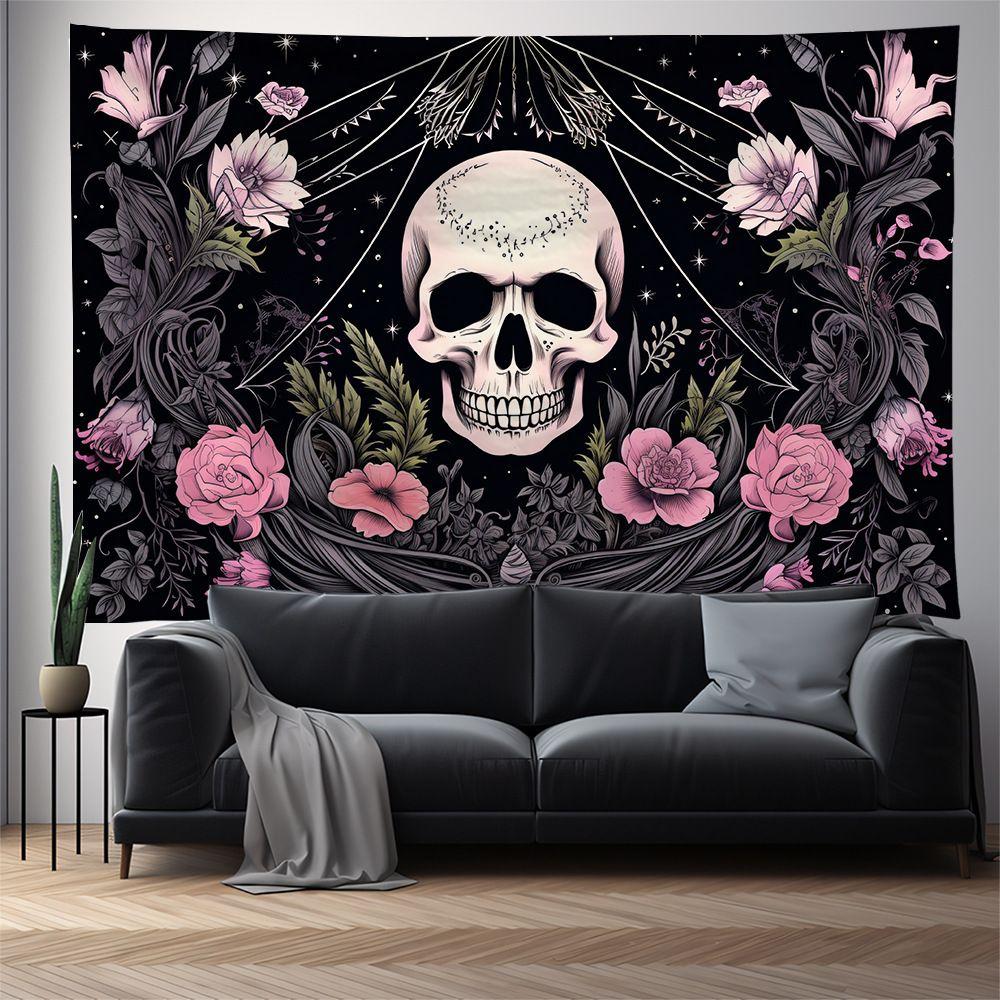 Skull Wall Hanging Tapestry, Pink Hippie Gothic Decor, American Boho Style for Bedroom Living Room