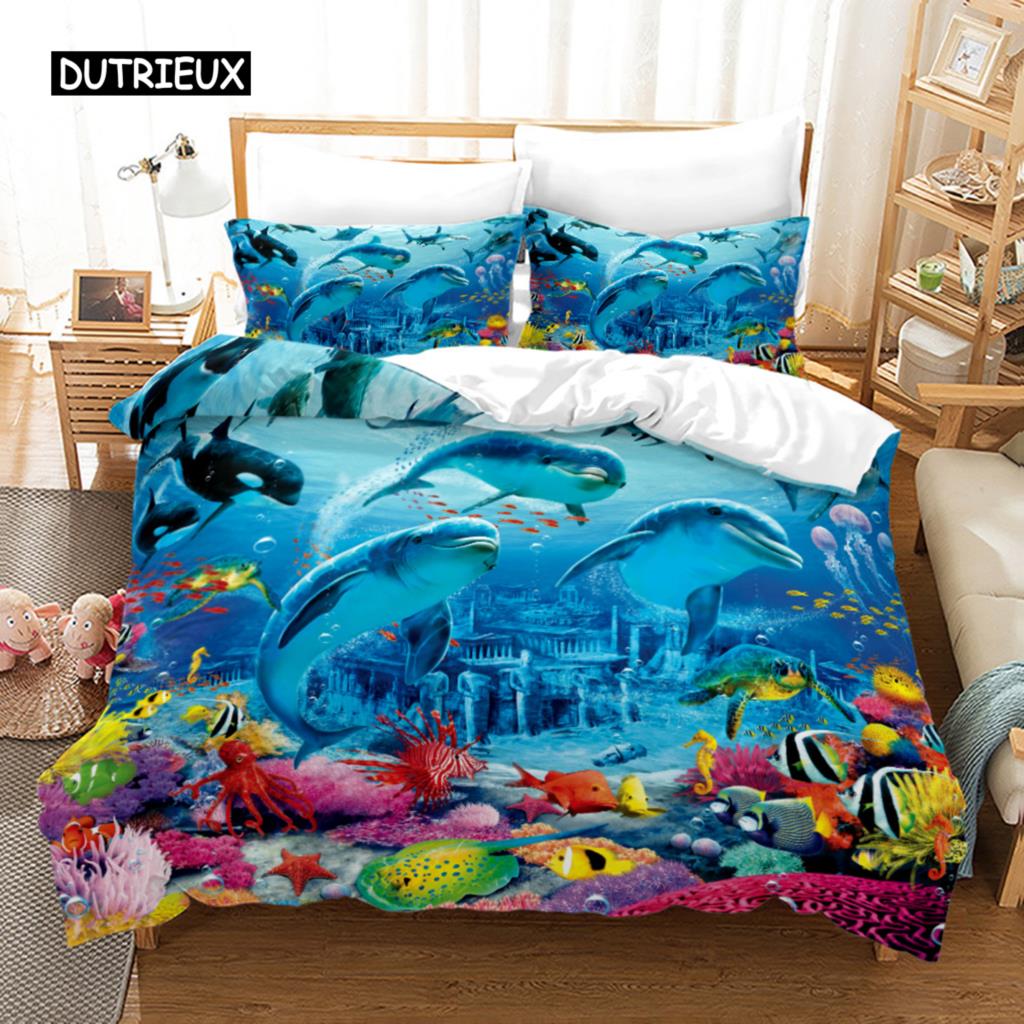 Ocean Duvet Cover Set Polyester Underwater World Clownfish Shark Quilt Cover Sea Animal Theme Double Queen King Size Bedding Set