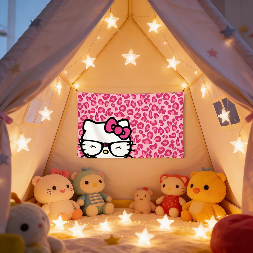 Sanrio Hello Kitty Pink Leopard Tapestry Glasses Cartoon Wall Hanging Home Cafe Decor Hello Kitty Fan Gift Flat Print