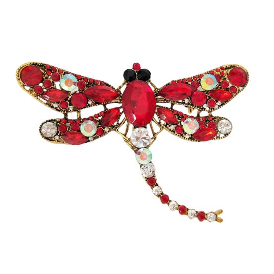Electroplated Alloy Brooch, Dragonfly Pin with Sparkling Rhinestones Inlaid, Long Tail Design Badge for Luster Decorative Gift Accessory красный
