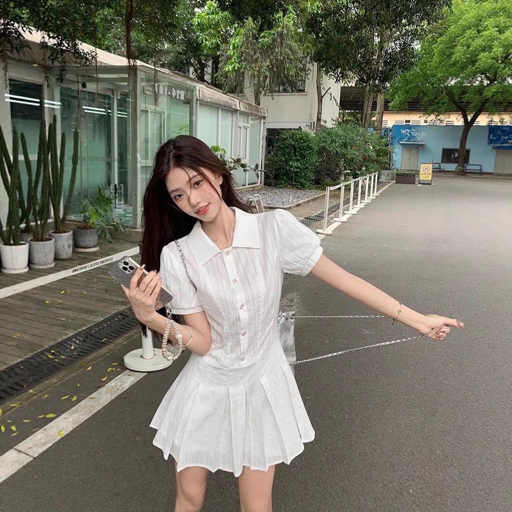 Academy Style Bubble Sleeve White Shirt Dress Children Summer French Sweet Little Waist Skirt Set