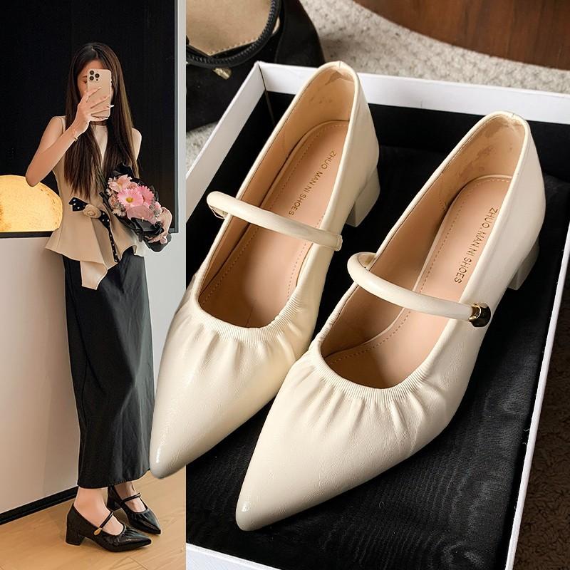 Vintage spitzer dicker Absatz braunes Wort mit Mary Jane Schuhen Damen Sommer 2025 vielseitig leichter Mund professionelle schwarze High Heels