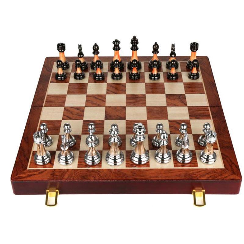 High Quality Luxury Metal Chess Figures 45*45*3Cm New Wooden Chess Set Chessboard Games Folding Alloy Home Chess Decorations Set