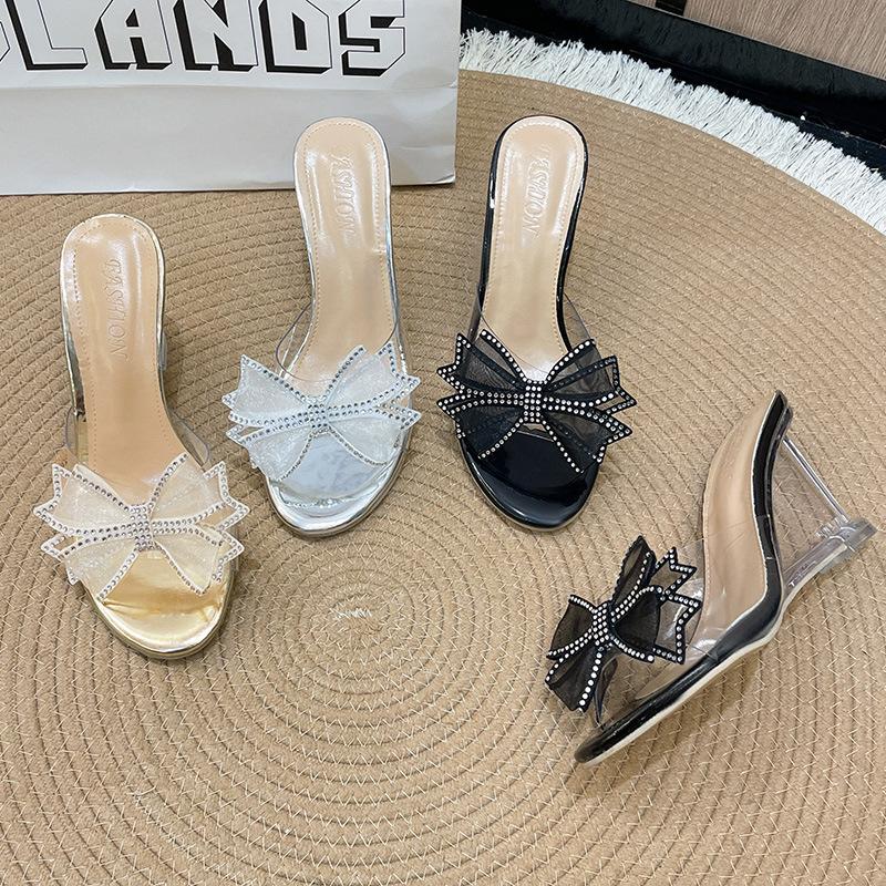 Sandals 2024 Summer Crystal Heel High Heels Bow Sandals High Stiletto Slippers Women's Small Fragrant Style Women's Shoes New