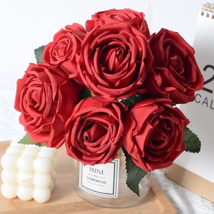 Artificial Flowers Roses 7 Pieces Ready-Made Rose Bouquet Flower Arrangement for Vase - Red